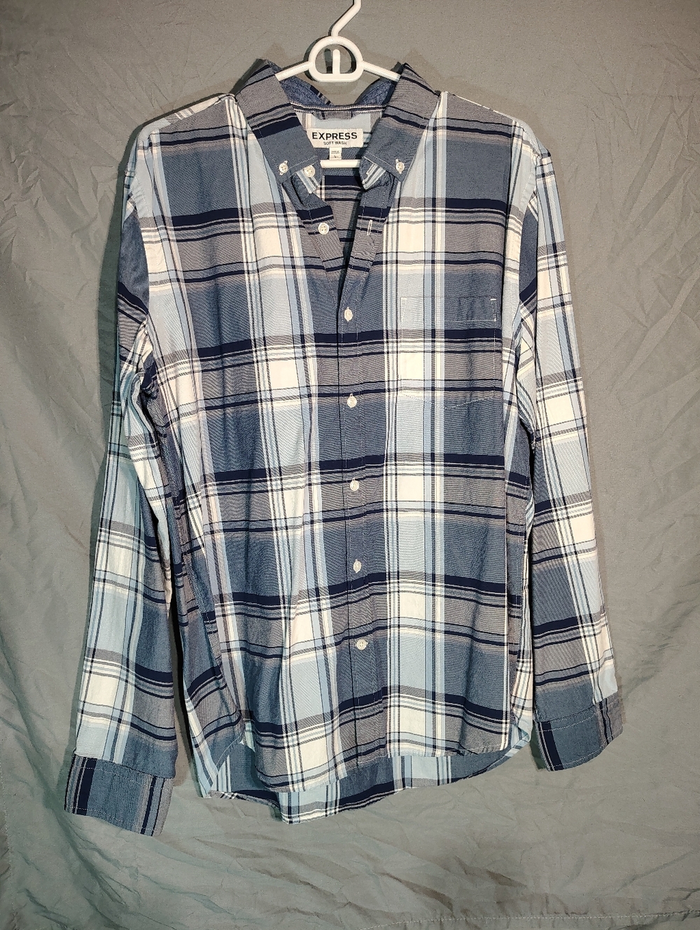 Express Men’s Navy and Light Blue Plaid Button-Down Shirt Classic Fit